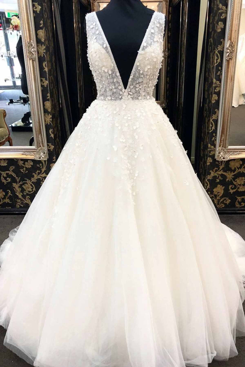 Long A-Line Deep V Neck Tulle Wedding Dress-showprettydress