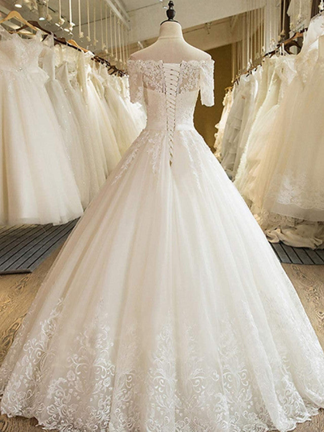 Long A-line Off Shoulder Court Train Lace Tulle Wedding Dresses with Sleeves-showprettydress