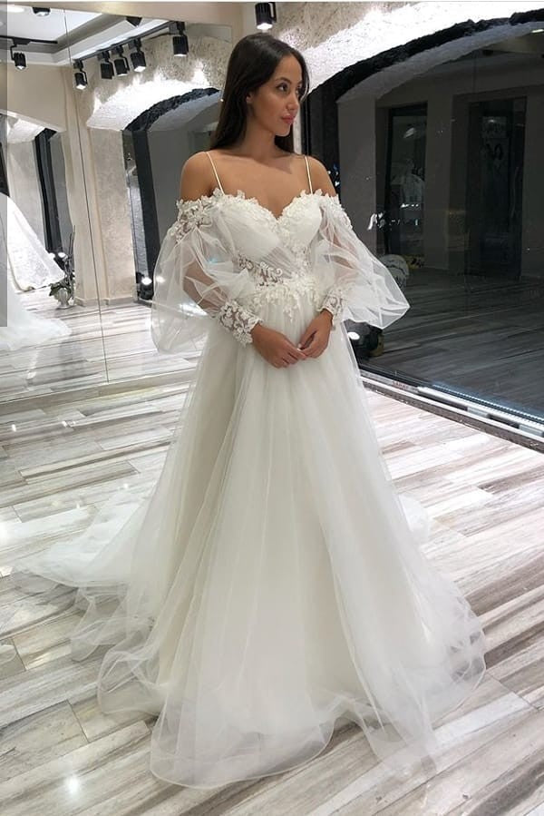 Long A-Line Off-the-Shoulder Sweetheart Appliques Lace Tulle Wedding Dresses with Sleeves-showprettydress