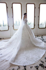 Long A-Line Off-the-Shoulder Sweetheart Backless Appliques Lace Crystal Wedding Dress with Sleeves-showprettydress