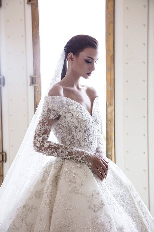 Long A-Line Off-the-Shoulder Sweetheart Backless Appliques Lace Crystal Wedding Dress with Sleeves-showprettydress