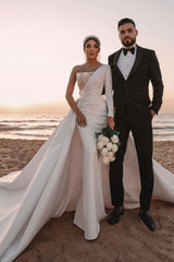 Long A-line One Shoulder Sequins Satin Wedding Dress with Sleeves-showprettydress