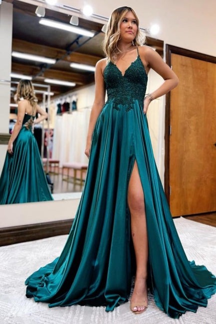 Long A-line Spaghetti Straps Satin Lace Front Slit Prom Dresses with Pockets-showprettydress