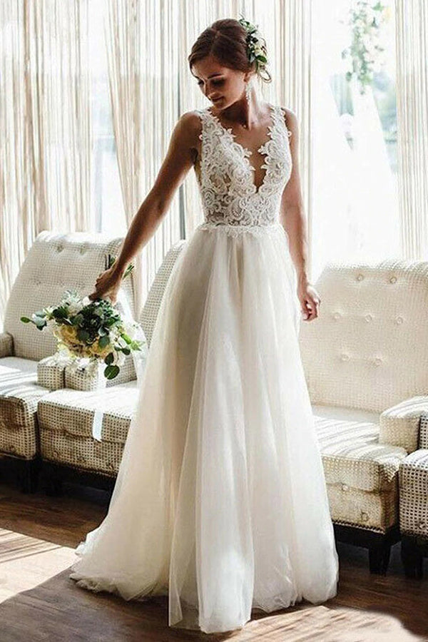 Long A-line Straps V-neck Lace Appliques Backless Wedding Dress-showprettydress