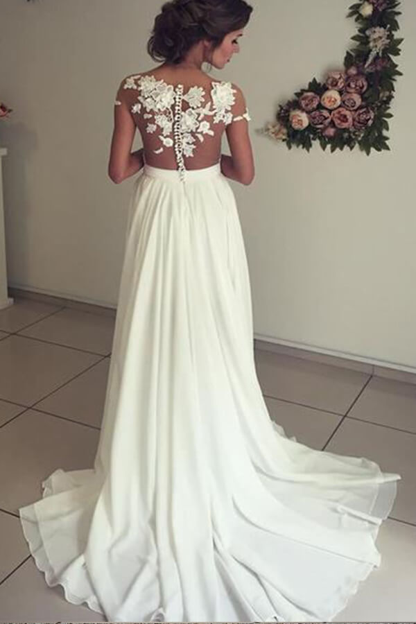 Long A-line Sweetheart Appliques Lace Chiffon Wedding Dress with Slit-showprettydress