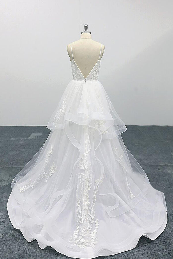 Long A-line Sweetheart Appliques Spaghetti Strap Tulle Wedding Dress-showprettydress