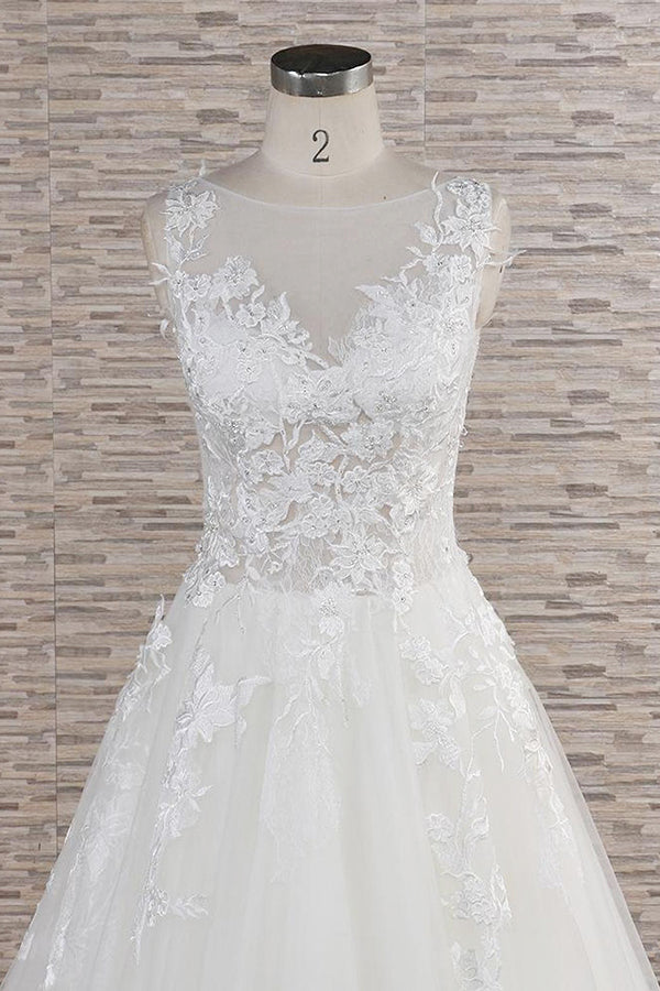 Long A-line Sweetheart Applqiues Lace Tulle Wedding Dress-showprettydress