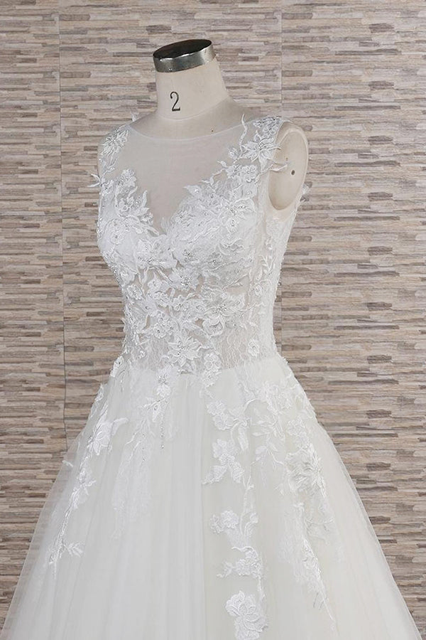 Long A-line Sweetheart Applqiues Lace Tulle Wedding Dress-showprettydress