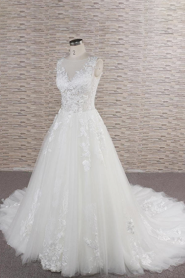 Long A-line Sweetheart Applqiues Lace Tulle Wedding Dress-showprettydress