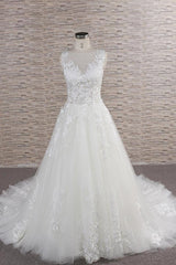 Long A-line Sweetheart Applqiues Lace Tulle Wedding Dress-showprettydress