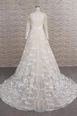 Long A-line Sweetheart Applqiues Tulle Wedding Dress with Sleeves-showprettydress