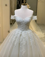 Long A-Line Sweetheart Off-the-Shoulder Appliques Lace Ruffles Wedding Dress-showprettydress