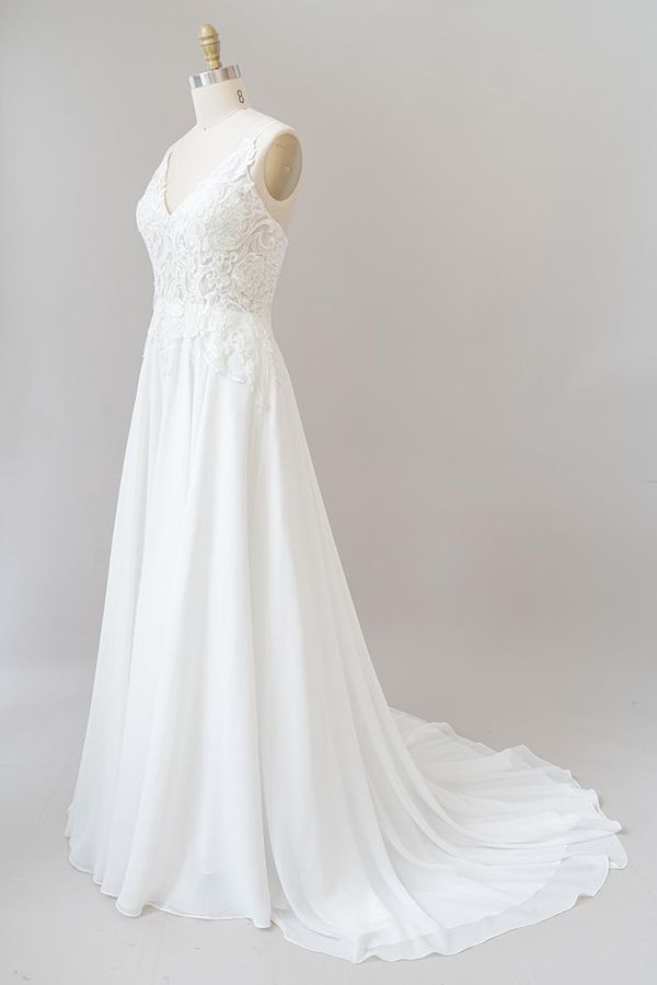 Long A-line Sweetheart Spaghetti Strap Appliques Chiffon Wedding Dress-showprettydress