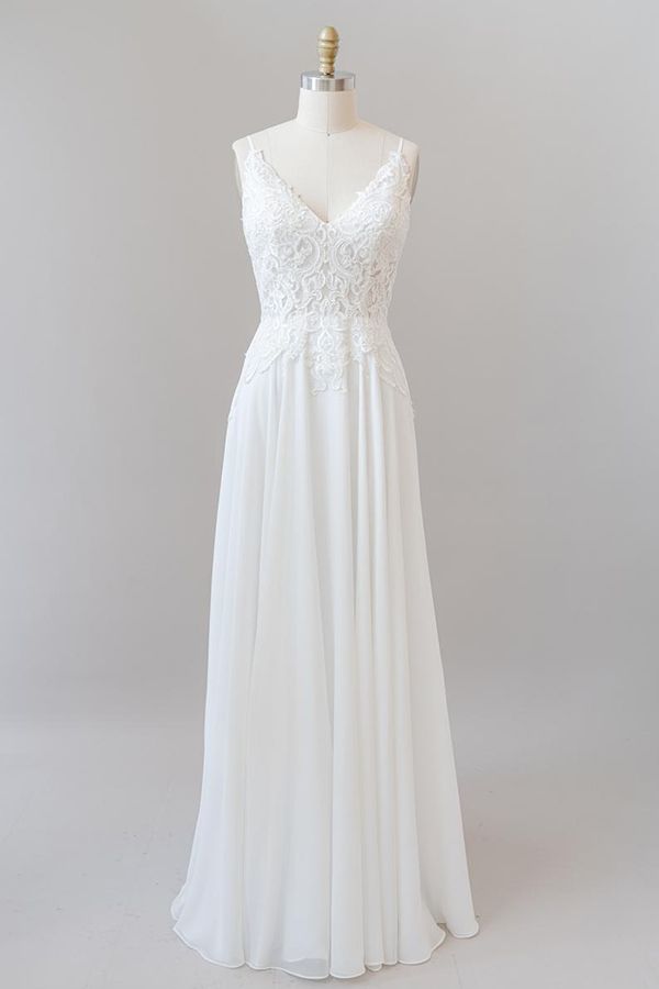 Long A-line Sweetheart Spaghetti Strap Appliques Chiffon Wedding Dress-showprettydress