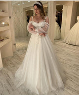 Long A-line Sweetheart Spaghetti Straps Gliiter Wedding Dress with Sleeves-showprettydress