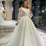 Long A-Line V-neck Appliques Lace Tulle Wedding Dress With Puffy Long Sleeves-showprettydress