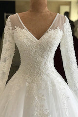 Long A-line V-neck Appliques Lace Tulle Wedding Dress with Sleeves-showprettydress