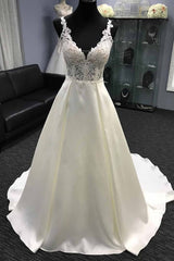 Long A-Line V Neck Halter Satin Wedding Dress-showprettydress