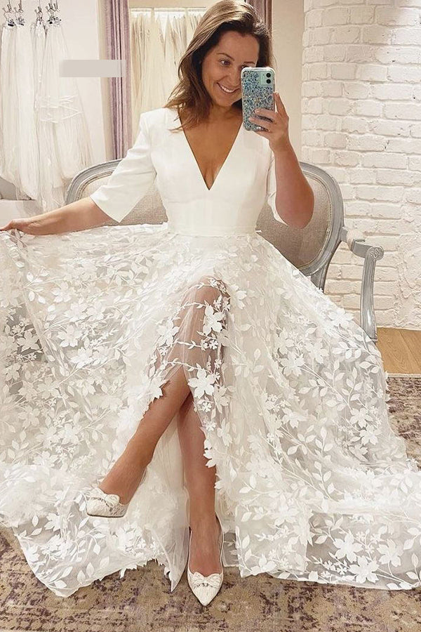 Long A-line V-neck Lace Front Slit Wedding Dress with Sleeves-showprettydress