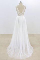 Long A-line V-neck Lace Tulle Open Back Wedding Dress-showprettydress