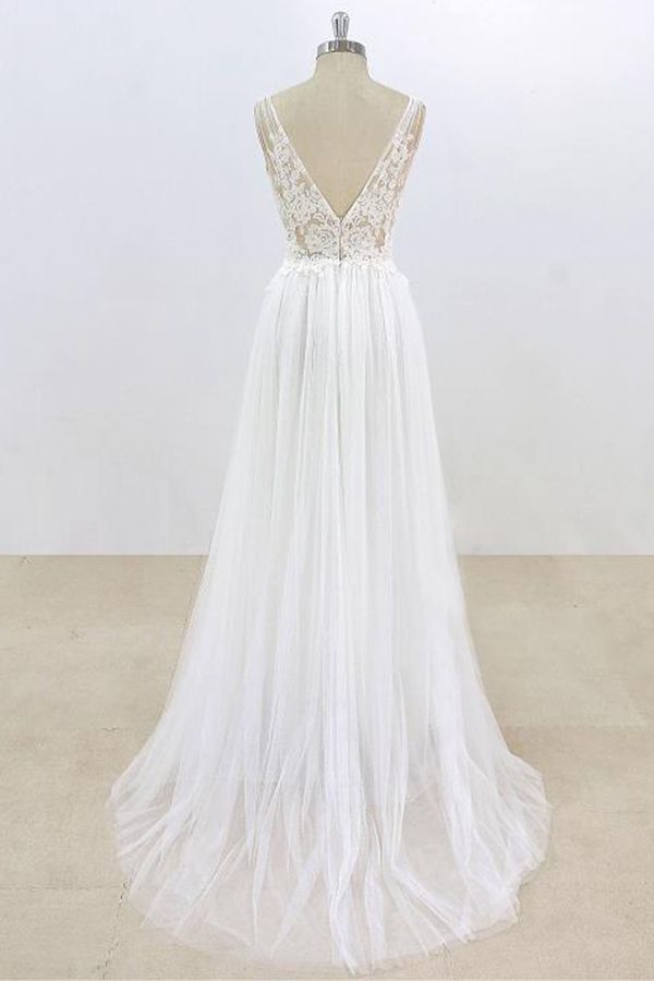 Long A-line V-neck Lace Tulle Open Back Wedding Dress-showprettydress