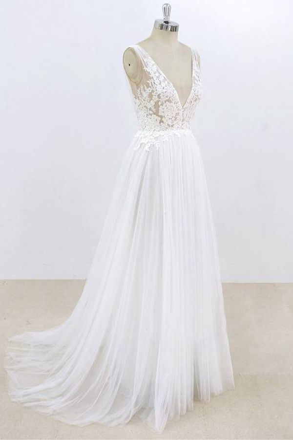 Long A-line V-neck Lace Tulle Open Back Wedding Dress-showprettydress