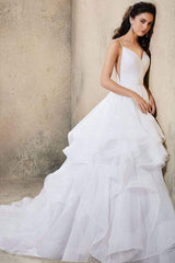 Long A-line V-neck Spaghetti Straps Backless Ruffles Tulle Wedding Dress-showprettydress