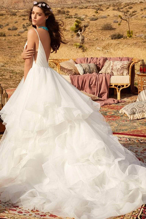 Long A-line V-neck Spaghetti Straps Backless Ruffles Tulle Wedding Dress-showprettydress