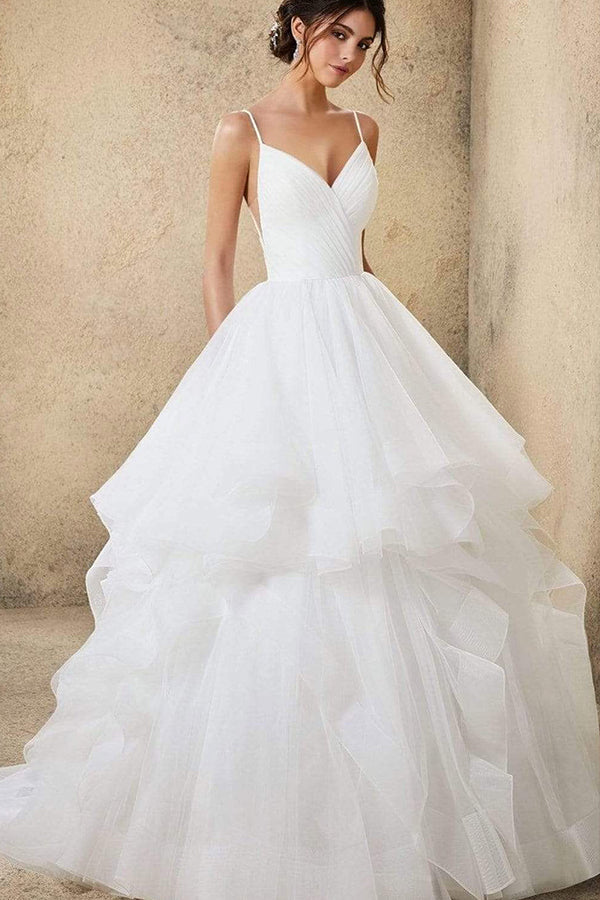 Long A-line V-neck Spaghetti Straps Backless Ruffles Tulle Wedding Dress-showprettydress