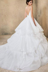 Long A-line V-neck Spaghetti Straps Backless Ruffles Tulle Wedding Dress-showprettydress