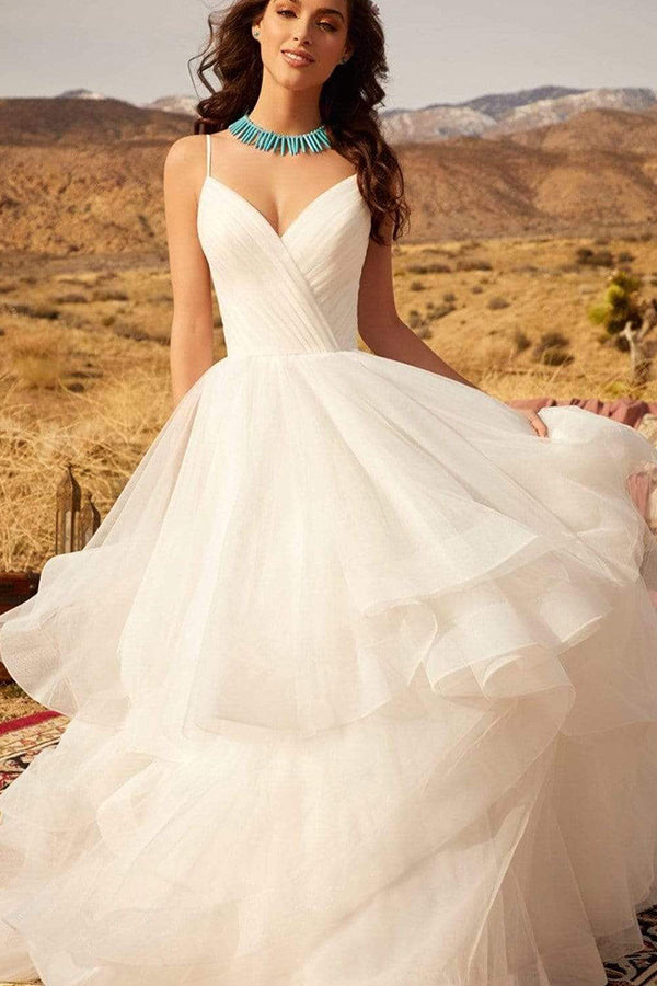 Long A-line V-neck Spaghetti Straps Backless Ruffles Tulle Wedding Dress-showprettydress