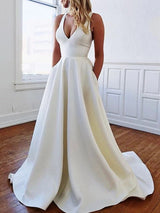 Long A-Line V Neck Stretch Satin Backless Wedding Dresses with Pockets-showprettydress