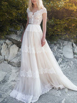 Long A-Line V Neck Sweep Brush Train Tulle Backless Wedding Dresses-showprettydress