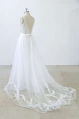 Long A-line V-neck Sweetheart Ruffle Applqiues Tulle Backless Wedding Dress-showprettydress