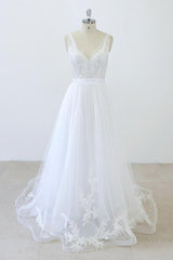 Long A-line V-neck Sweetheart Ruffle Applqiues Tulle Backless Wedding Dress-showprettydress