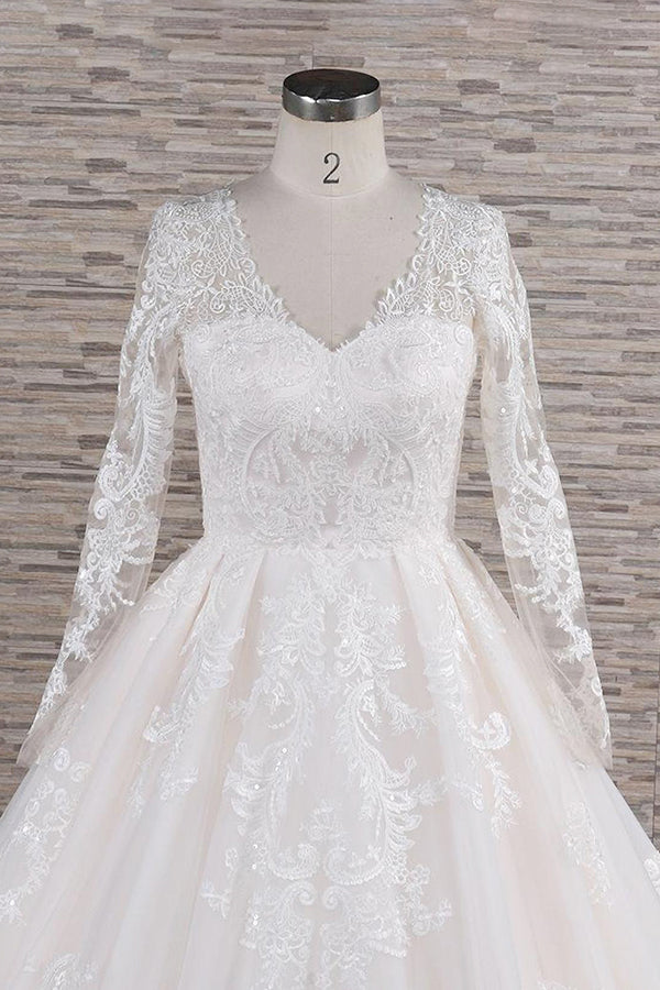 Long A-line V-neck Tulle Appliques Lace Wedding Dress with Sleeves-showprettydress