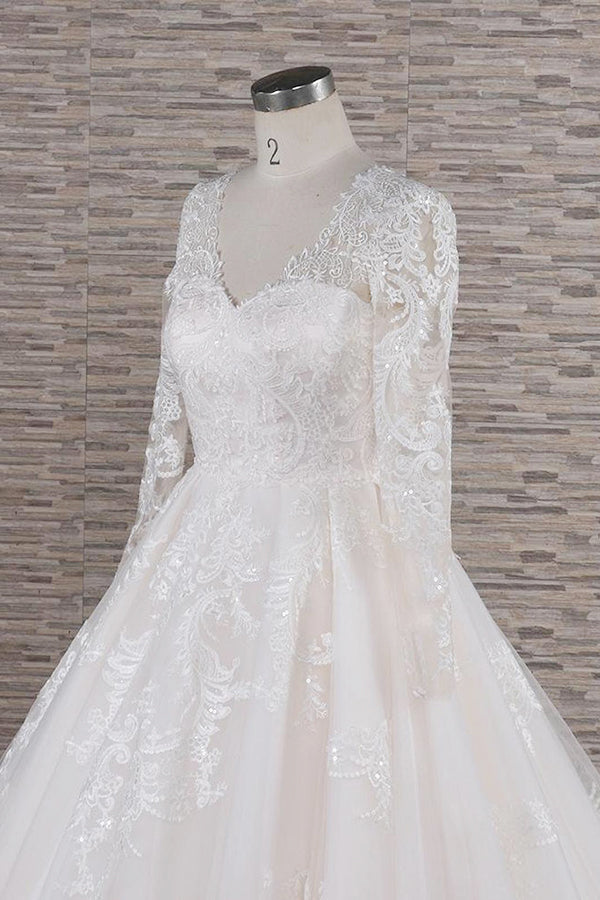 Long A-line V-neck Tulle Appliques Lace Wedding Dress with Sleeves-showprettydress