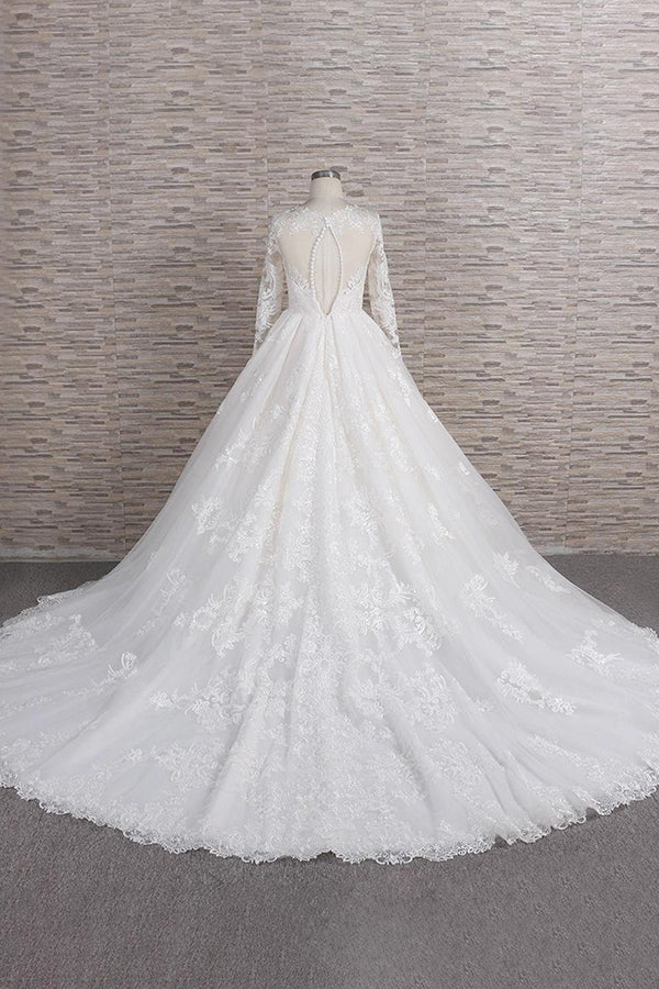 Long A-line V-neck Tulle Appliques Lace Wedding Dress with Sleeves-showprettydress