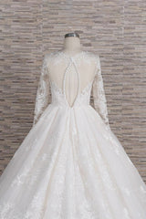 Long A-line V-neck Tulle Appliques Lace Wedding Dress with Sleeves-showprettydress