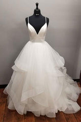 Long A-line V-neck Tulle Backless Wedding Dress-showprettydress