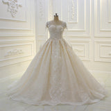 Long Ball Gown Beading Bateau Appliques Lace Wedding Dress with Sleeves-showprettydress