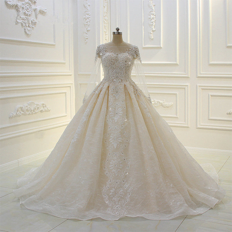 Long Ball Gown Beading Bateau Appliques Lace Wedding Dress with Sleeves-showprettydress