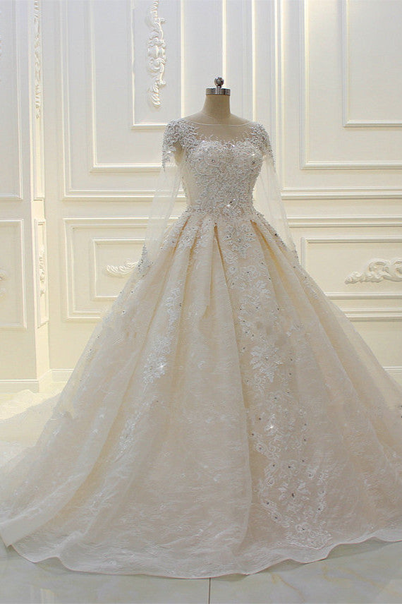 Long Ball Gown Beading Bateau Appliques Lace Wedding Dress with Sleeves-showprettydress