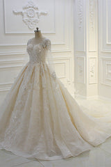 Long Ball Gown Beading Bateau Appliques Lace Wedding Dress with Sleeves-showprettydress