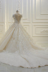 Long Ball Gown Beading Bateau Appliques Lace Wedding Dress with Sleeves-showprettydress