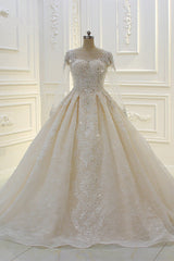 Long Ball Gown Beading Bateau Appliques Lace Wedding Dress with Sleeves-showprettydress