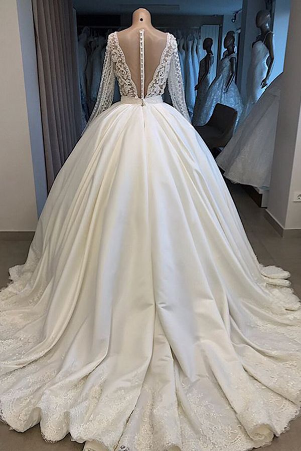 Long Ball Gown Satin V-neck Wedding Dress with Sleeves-showprettydress