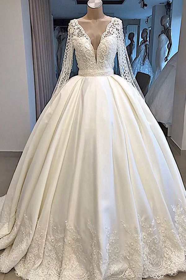 Long Ball Gown Satin V-neck Wedding Dress with Sleeves-showprettydress