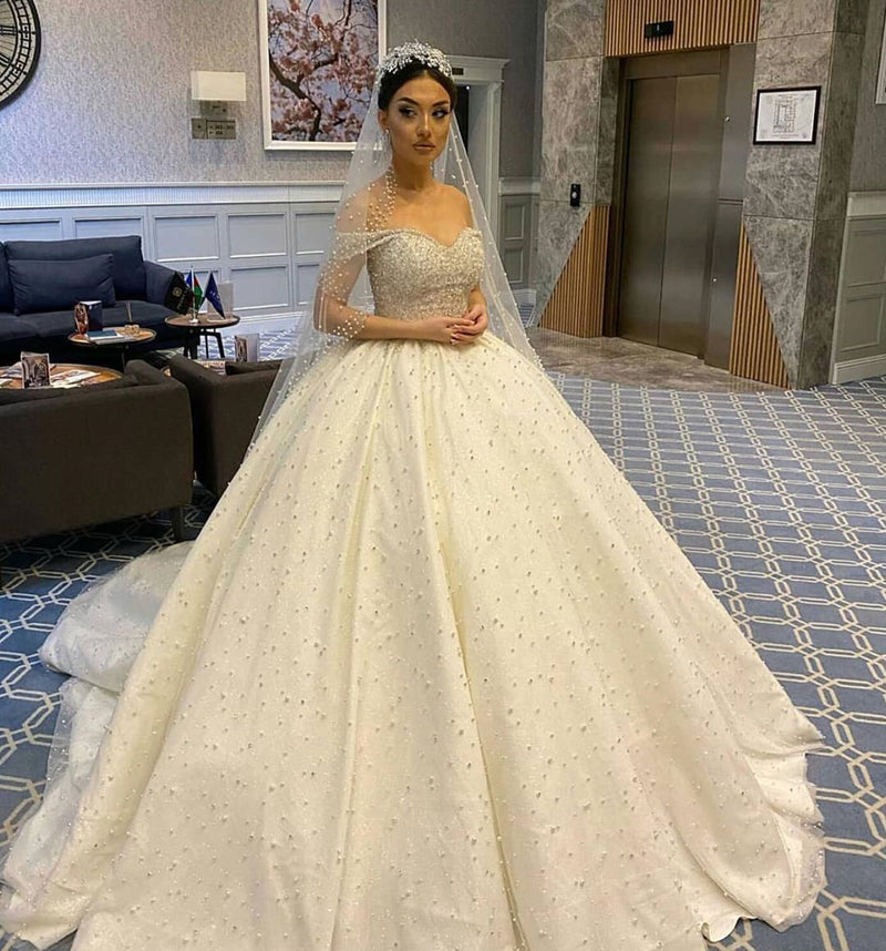 Long Ball Gown Sweetheart Off-the-Shoulder Backless Pearl Beading Ruffles Tulle Wedding Dress-showprettydress