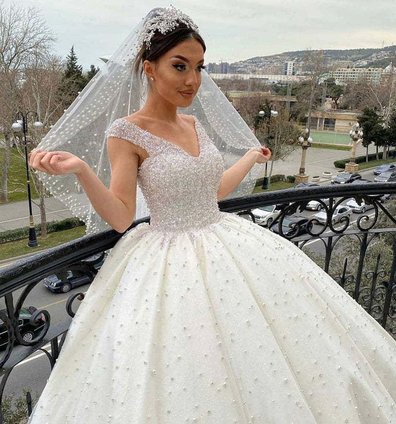 Long Ball Gown Sweetheart Off-the-Shoulder Backless Pearl Beading Ruffles Tulle Wedding Dress-showprettydress